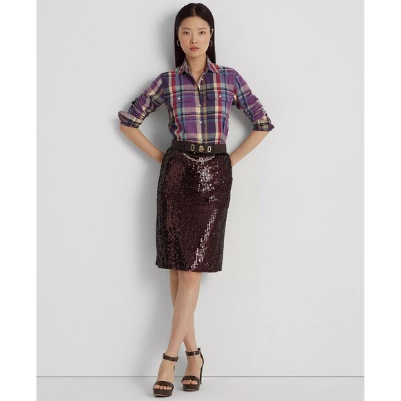 LAUREN RALPH LAUREN Women Sequined Tulle Pencil Skirt burgundy Size 18 MSRP $295 - Picture 2 of 5